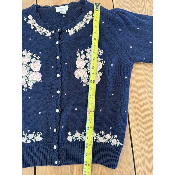 Vintage Margules Knit Sweater Cardigan FloralEmbroidered Navy Button Down L - Picture 6 of 7